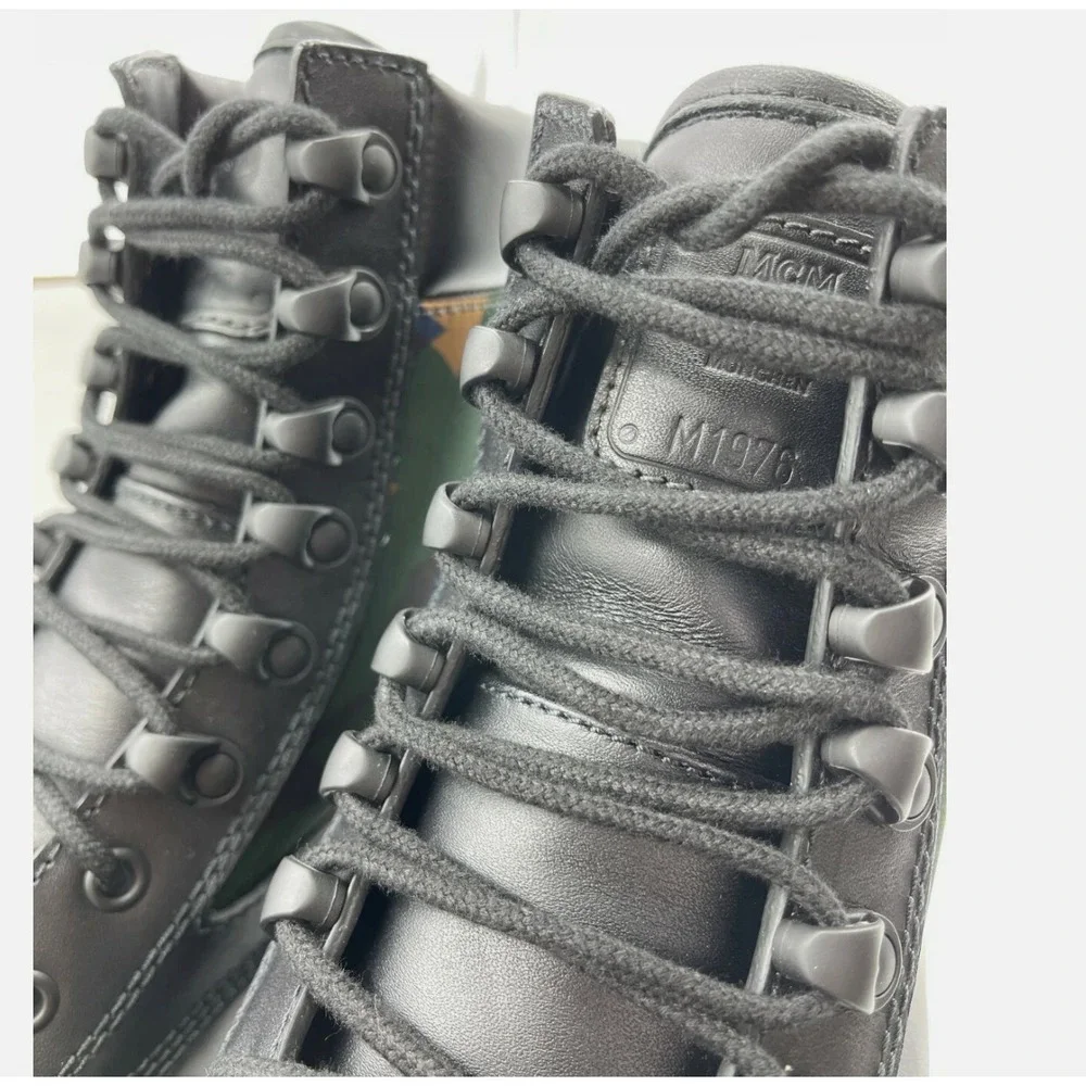 MCM Men's Black Leather Camo Nylon RESNICK Combat Boots‎ Shoes 9AMM80, SZ. 42